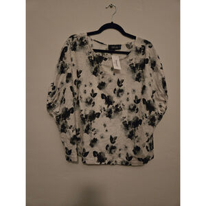 Fabrik Floral Print Blouse Ruched Sleeve Lightweight Top White Black Size S NWT